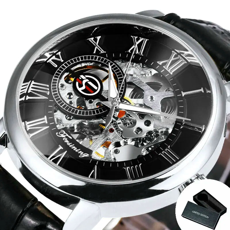 LAVISH MECHANICAL WATCH WITH 3D LOGO AND LEATHER STRAP