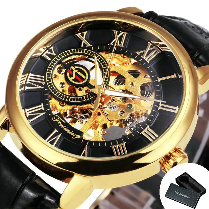 LAVISH MECHANICAL WATCH WITH 3D LOGO AND LEATHER STRAP