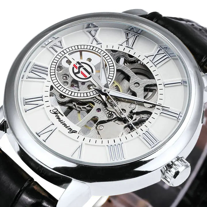 LAVISH MECHANICAL WATCH WITH 3D LOGO AND LEATHER STRAP