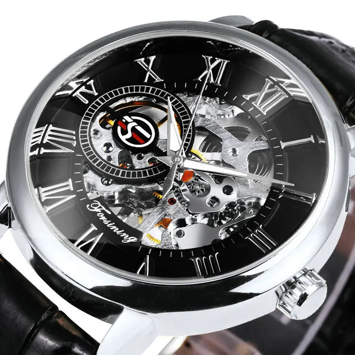 LAVISH MECHANICAL WATCH WITH 3D LOGO AND LEATHER STRAP