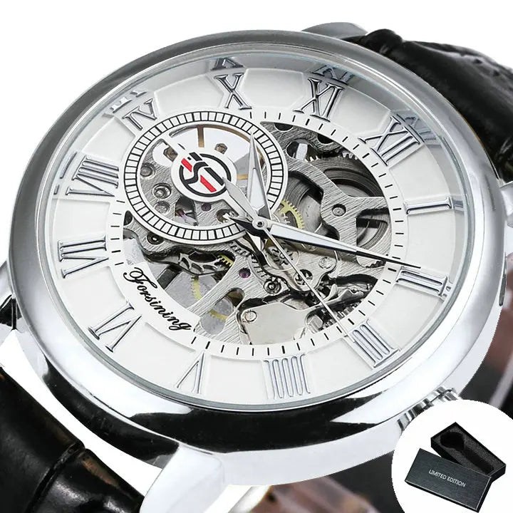 LAVISH MECHANICAL WATCH WITH 3D LOGO AND LEATHER STRAP